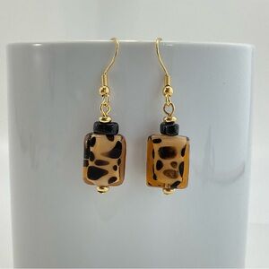 Leopard Print Glass Bead Dangle Earrings, Mod, Minimalist, Animal Print
